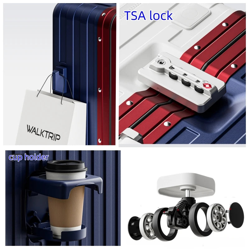 Front Opening Pocket Suitcase PC Material Travel Rolling Luggage with Aluminum Frame TSA Lock Cup Holder Charging Port 20/24/26