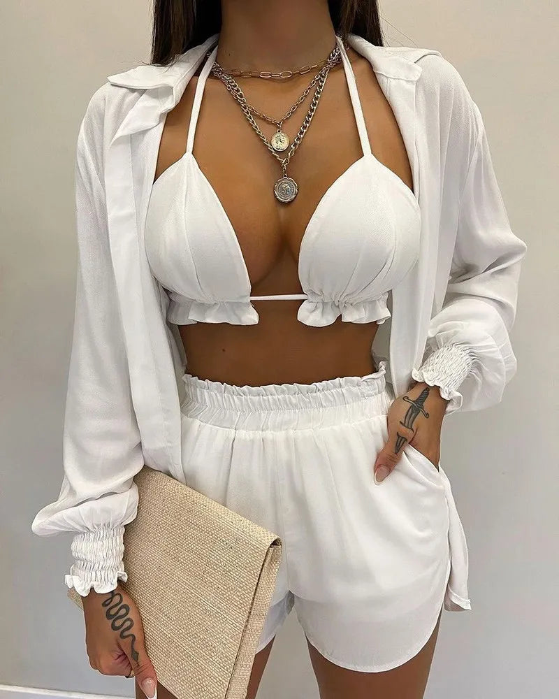 New Bathing Suit Shorts Cover Up Summer Three Pieces Swimwear Sexy Beachwear High Waist Bikini Set Print Women's Swimsuit