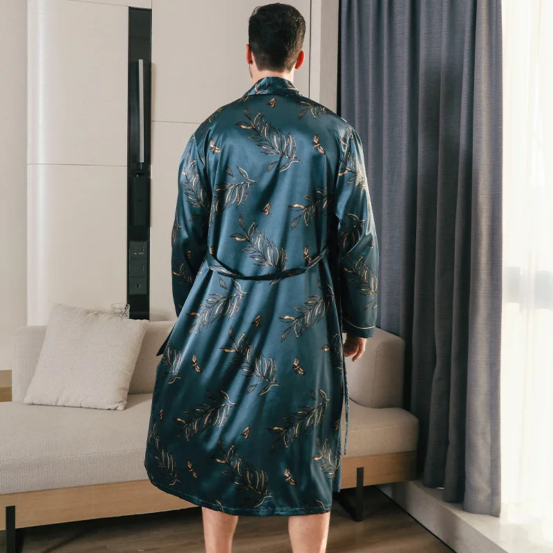Pajama men's spring and autumn silk thin style oversized pajamas long sleeved bathrobes ice silk bathrobes
