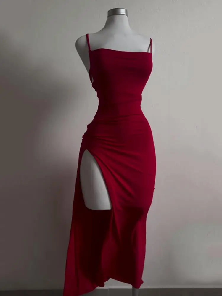 Summer High Sensibility Halter Strap Dress Ankle-Length Slim Fit Spaghetti Strap Spice Girl Style Junior Women's Polyester Elastane