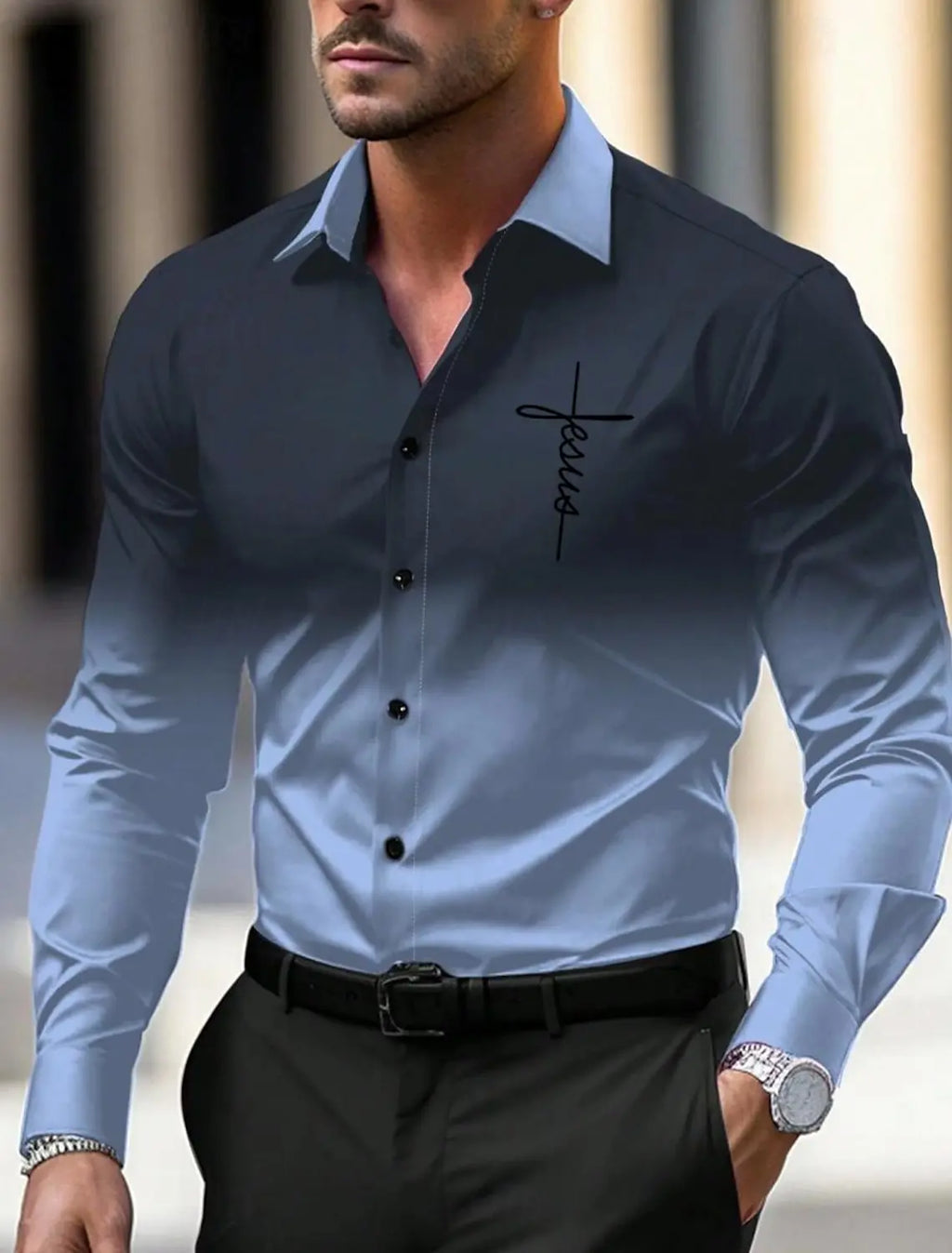 Men's Business Casual Printed Long Sleeve Shirt Formal Button Up Shirt Cuffed Long Sleeve