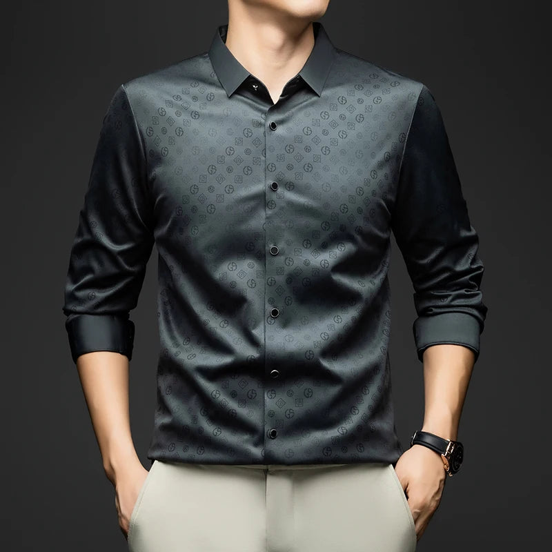 Luxury Men Shirt Long Sleeve Turn Down Collar Business Casual Button Down Dress Shirt