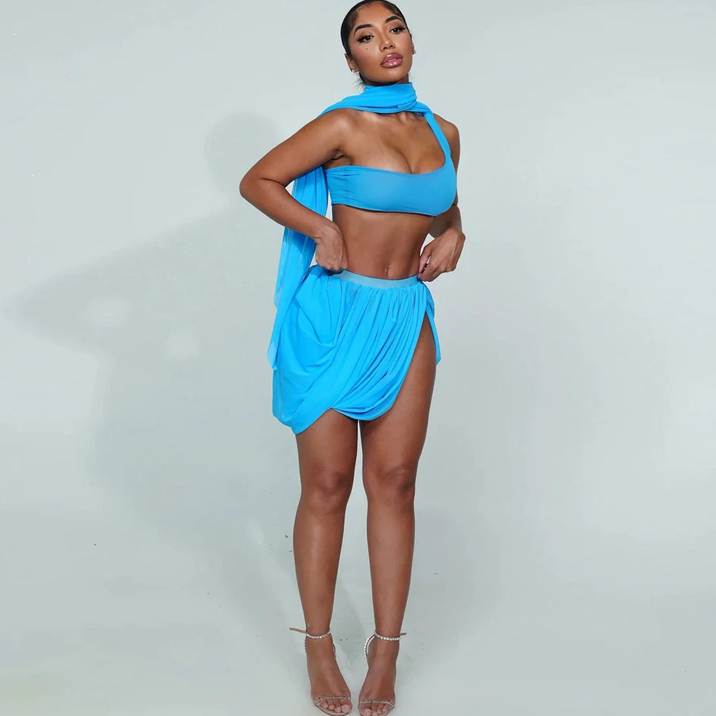 Sexy 2 Piece Set Women See Through Midnight Irregular Full Sleeve Crop Tops+Ruched Split Skirts Matching Clubwear
