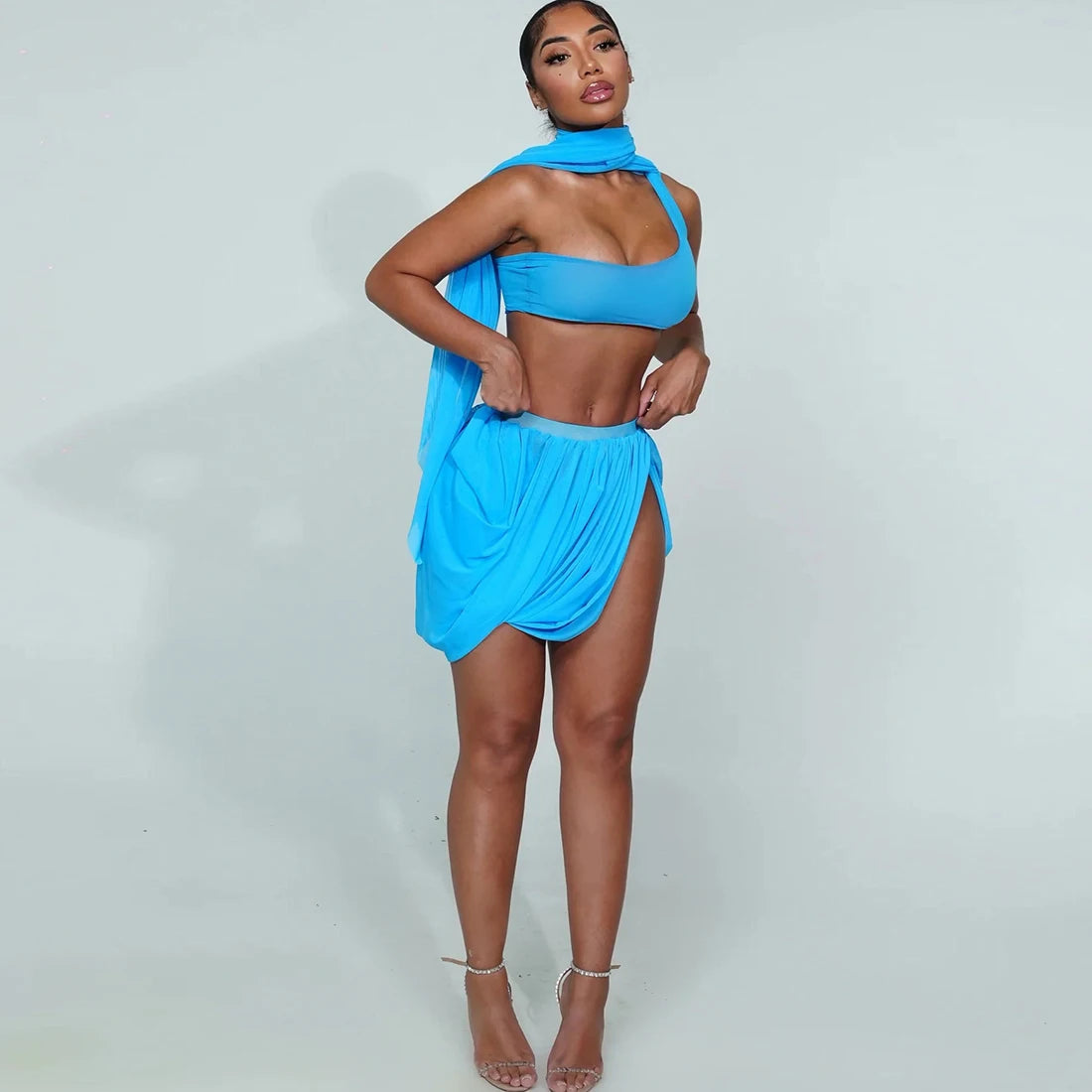 Sexy 2 Piece Set Women See Through Midnight Irregular Full Sleeve Crop Tops+Ruched Split Skirts Matching Clubwear