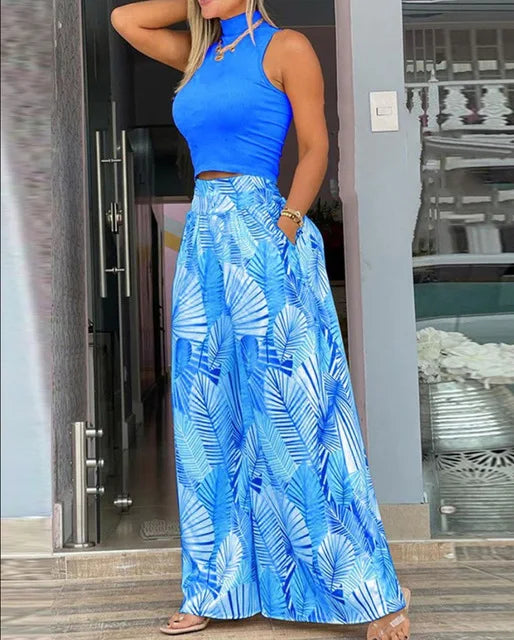 Plus Size Printing Two Piece Set Women Casual Solid Sleeveless Tank Top Wide Leg Pants Two Piece Set 2026 Fashion Clothing