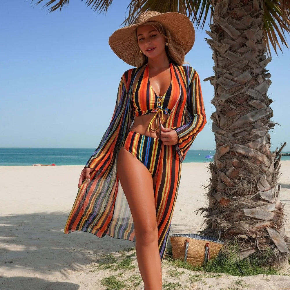 3-piece Bikini Set Women Swimsuit Retro Multicolor Striped Swimwear High Waisted Beach Bathing Suit