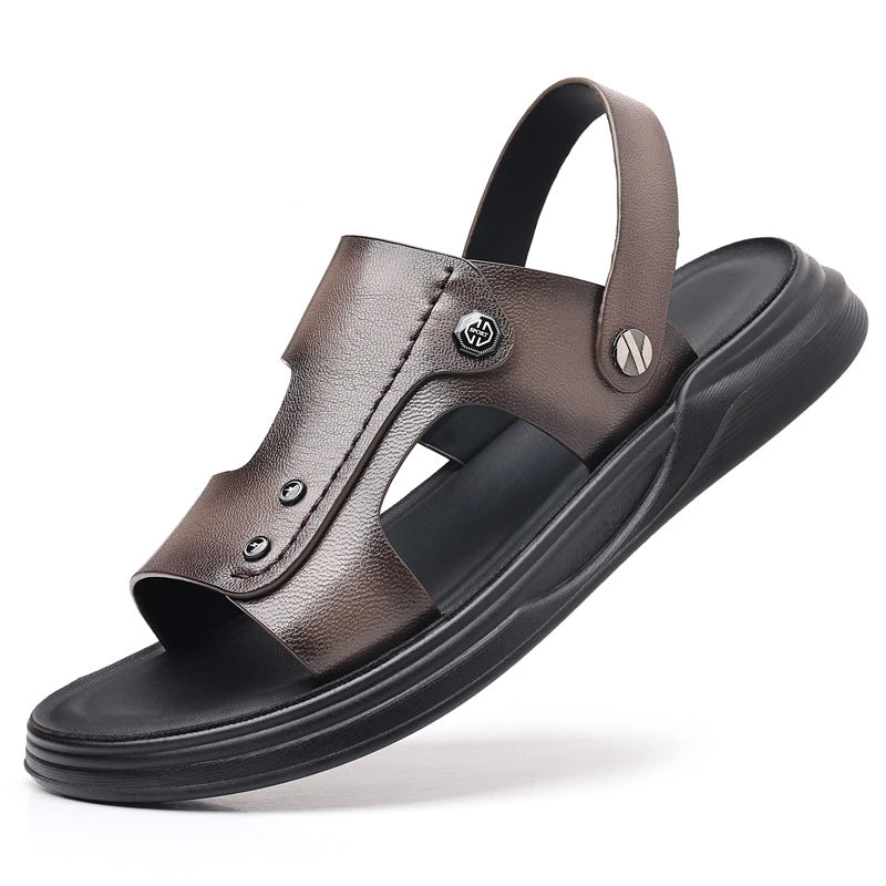 Mens First Layer Sheepskin Summer Sandals Genuine Leather Beach Shoes Casual Slip On Leather Slippers Comfortable Outdoor Male