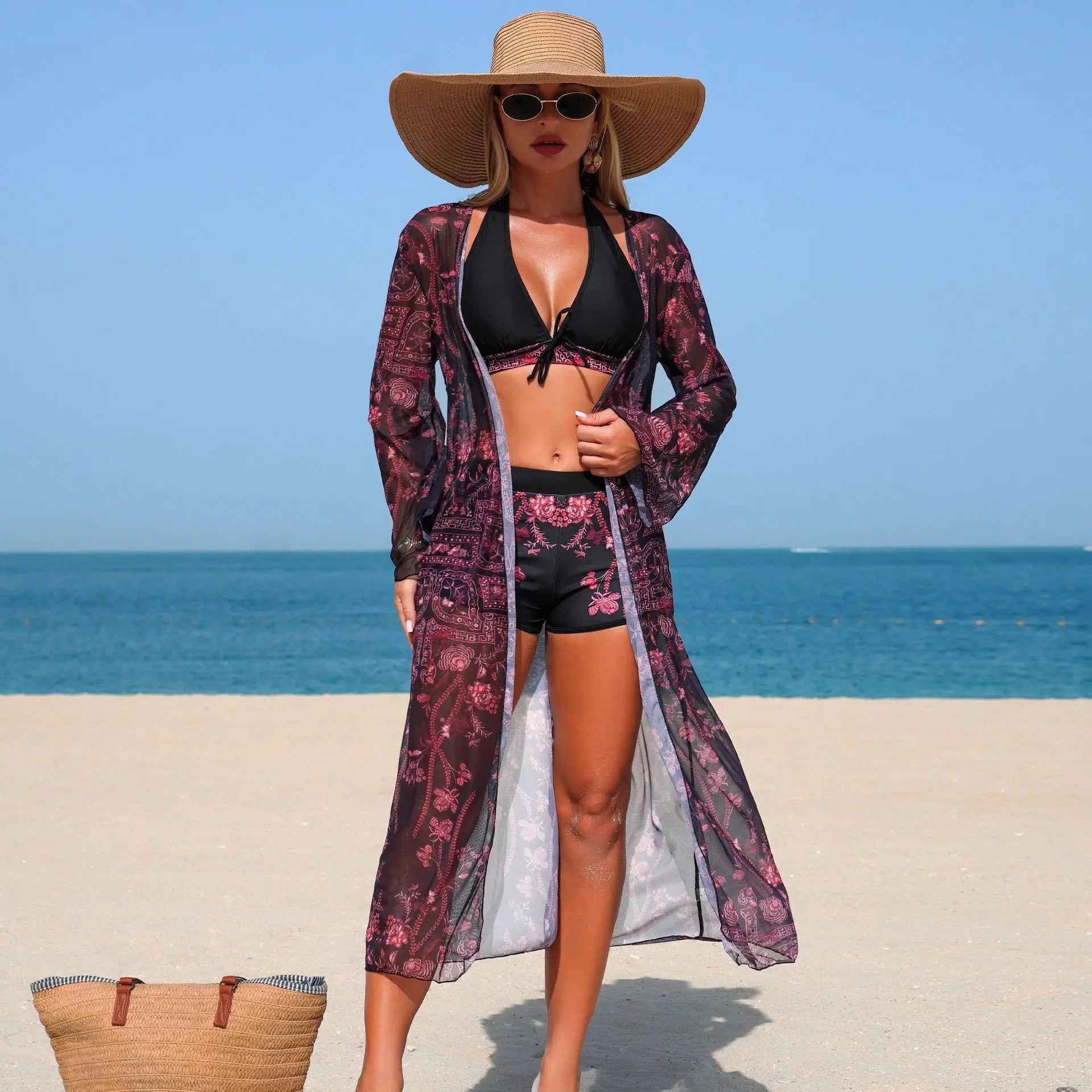 3-Piece Women Swimsuit Set High Waisted Boxer Shorts Swimsuit Long Sleeve Cardigan Beach Bikinis Summer Vacation Swimwear