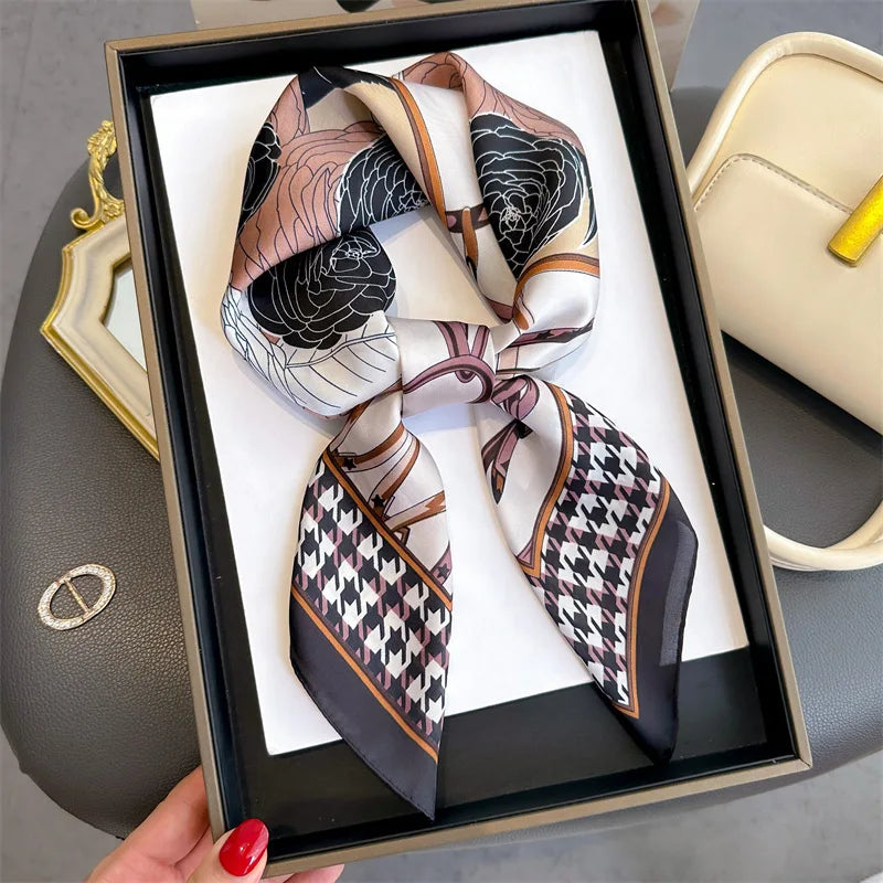 Luxury Imitation Silk Scarf Black And White Striped Head Wrap For Women Multifunction Silk Feeling Neckerchief