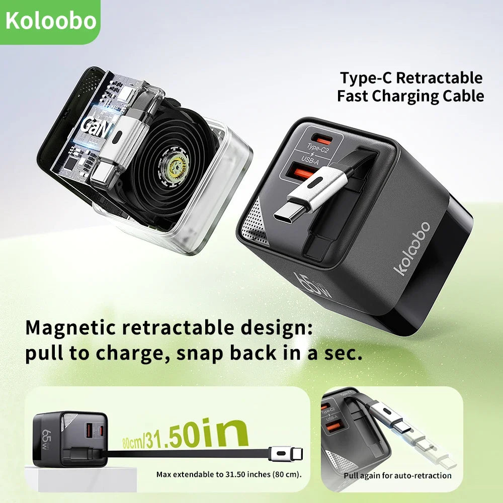 65W GaN Fast Charger Three-Port USB-C Charging Head Built-in 80cm Retractable TypeC Cable for iPhone16 15 14 13 Xiaomi Samsung