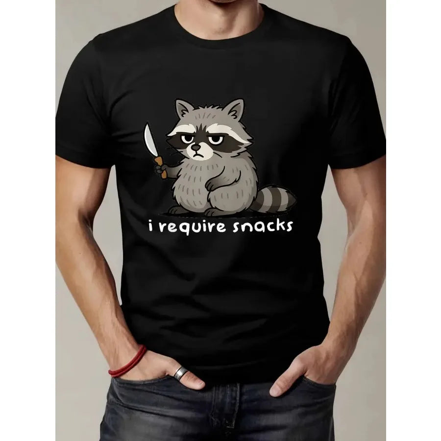 Men's Funny Raccoon "I Require Snacks" Vintage T-Shirt - Cute Raccoon Face and Humor Text Loose Fit Casual Shirt