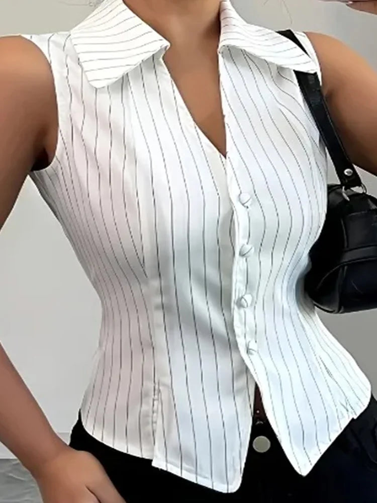 Blouse Women Vertical Stripes Collar V Neck Sleeveless Fitted Button Split Hem