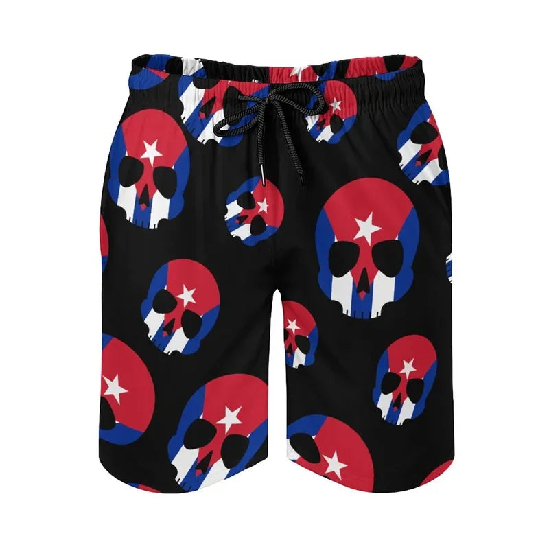 Men Cuba Pattern Beach Shorts Drawstring Quick Dry Street Loose Swimwear Surf Board Shorts