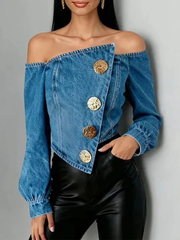 Women's Y2K Off Shoulder Denim Crop Tops Fashion Asymmetrical Hem Gold Button Long Sleeves Party Club Jean Blouses