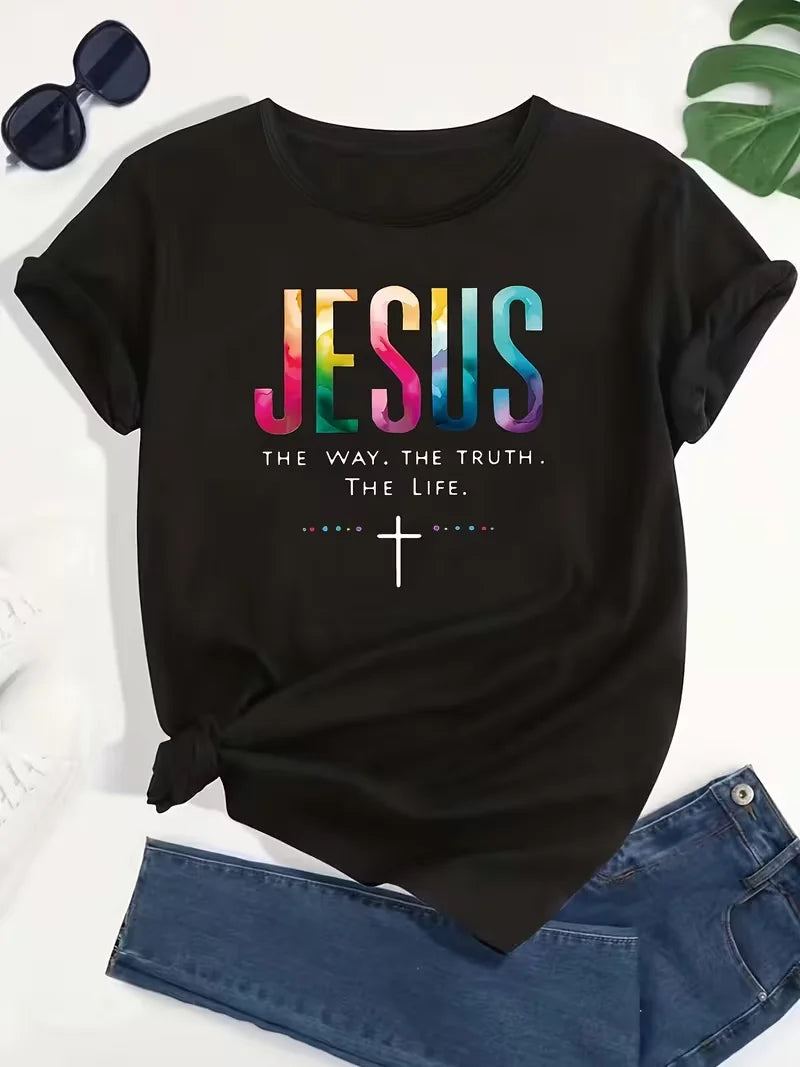Women'S Casual T-Shirt Colorful Letter Print - "Jesus" The Way The Truth The Life" Design,