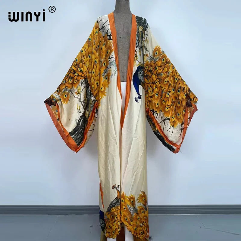 Women Cardigan stitch Cocktail sexy Boho Maxi African Holiday Batwing Sleeve Silk feeling Robe