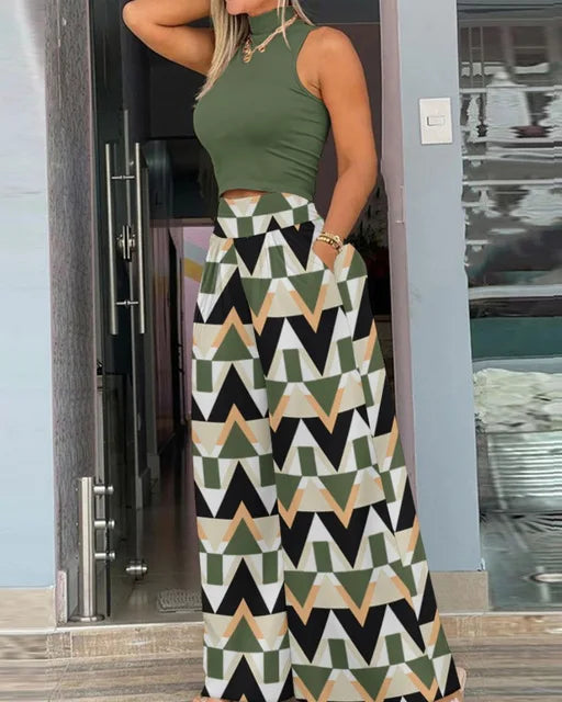 Plus Size Printing Two Piece Set Women Casual Solid Sleeveless Tank Top Wide Leg Pants Two Piece Set 2026 Fashion Clothing