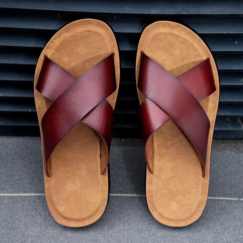 Italian Leather Slippers for Men Summer Hotel Beach High Quality Slip on Light Flats Male Flip Flops Big Size 38-47
