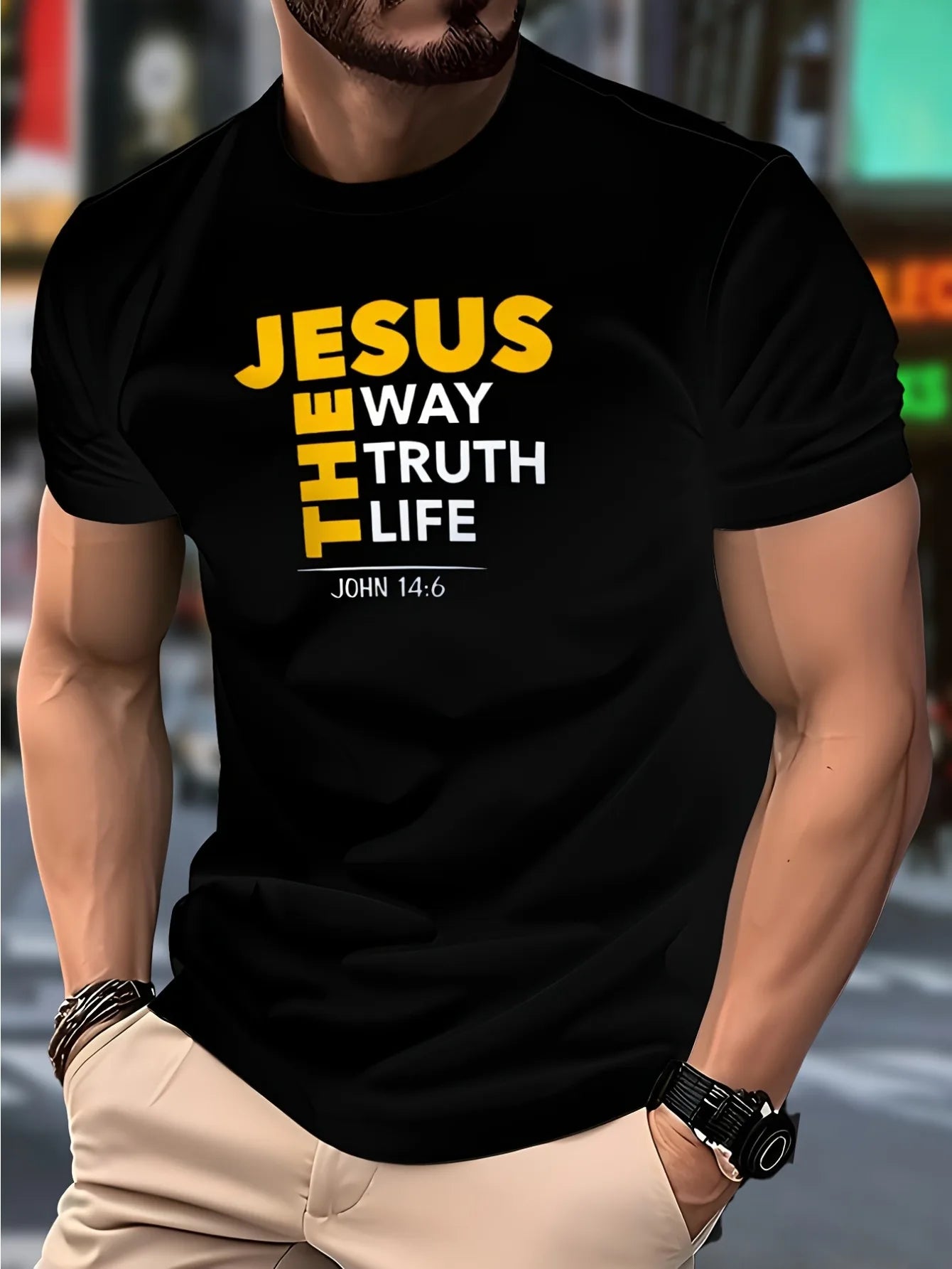 Men's Navy Blue Christian T-Shirt with Jesus the Way Truth Life & John 14:6 Bible Verse - Breathable Casual Church Shirt Comfortable
