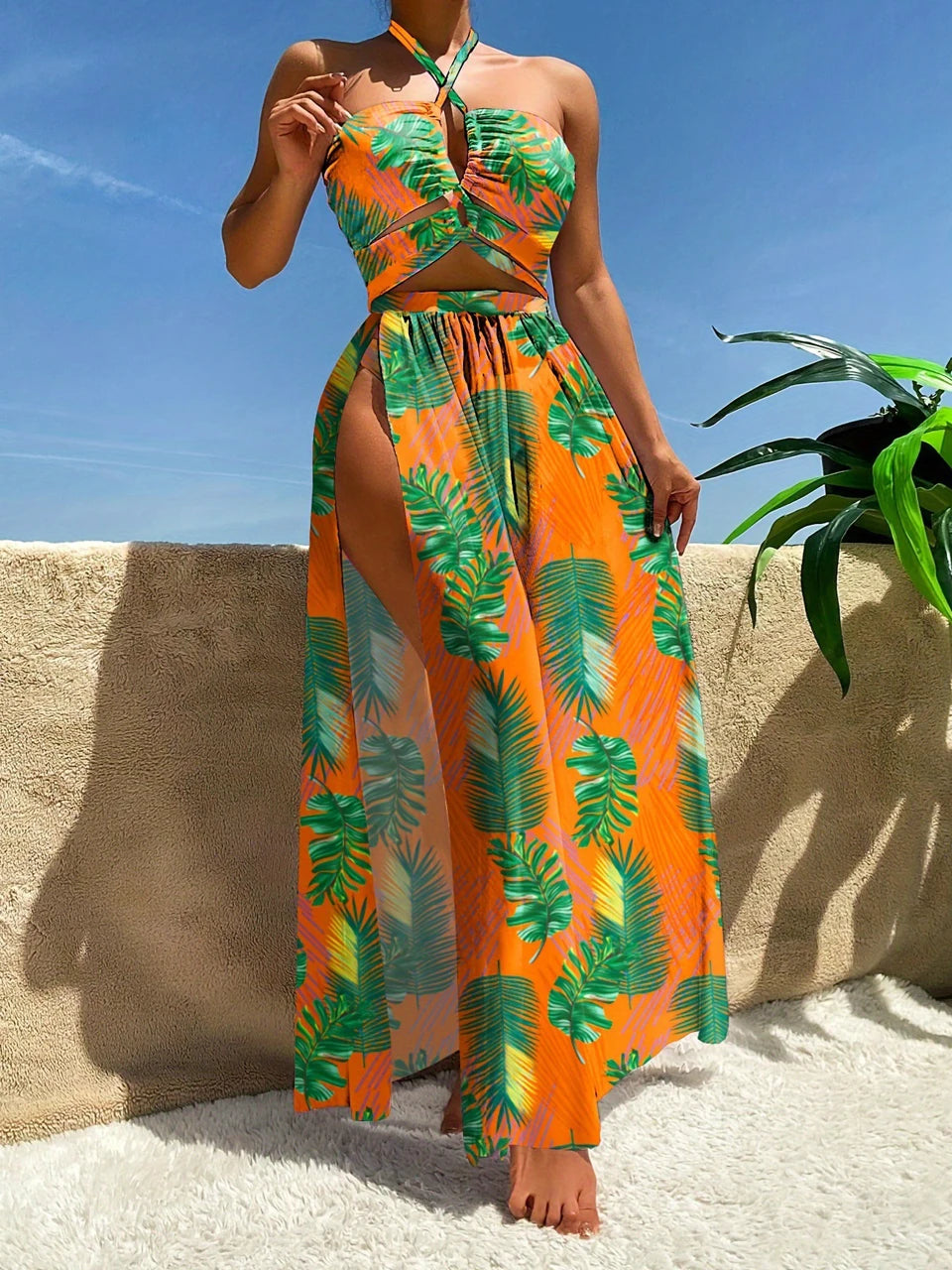 3 Pieces Tie Dye Cross Bikini, Women Sexy Halter Swimsuit & Cover Up Pants Swimwear Bathers Bathing Swimming Suit Beachwear