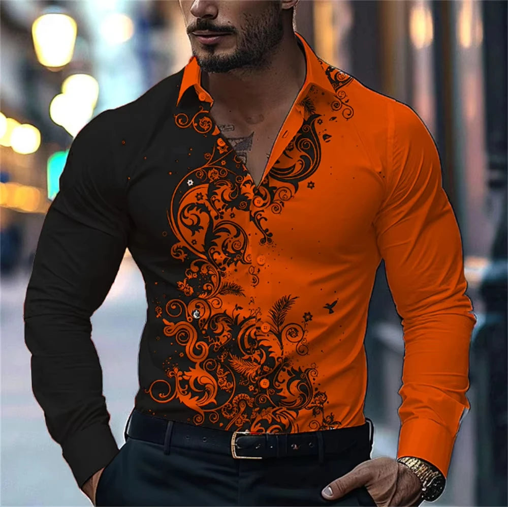 Men'S Stylish Floral Print Dress Shirt - Casual Long Sleeve Button-Up Design Floral Print Shirt