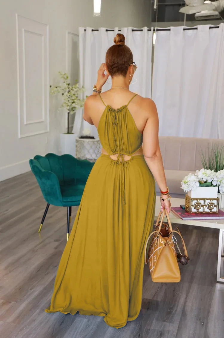 Women's Dress Summer Holiday Solid Long Dresses Sexy Drawstring Lace Up Sleeveless
