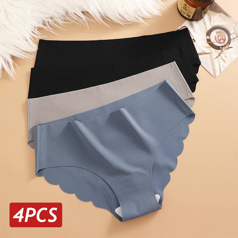 4PCS Ice Silk Seamless Panties Set Women's Briefs Solid Color Elastic Underwear Female Ultra Thin No Trace Wavy Side Panties