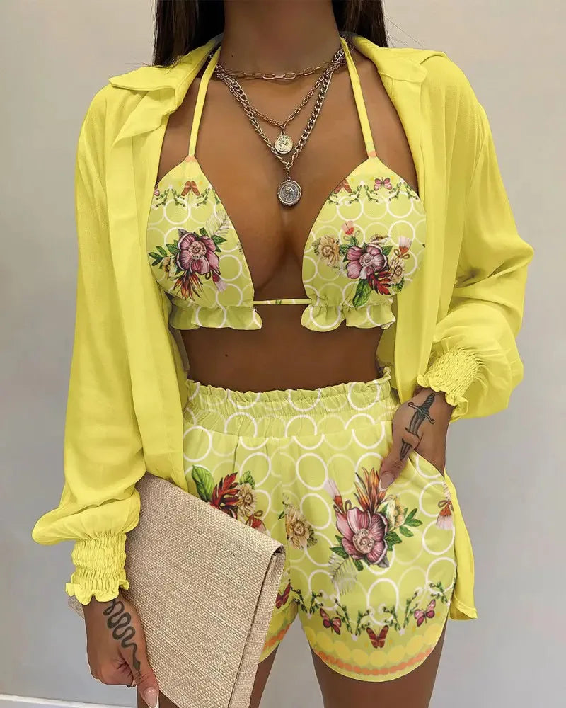 New Bathing Suit Shorts Cover Up Summer Three Pieces Swimwear Sexy Beachwear High Waist Bikini Set Print Women's Swimsuit