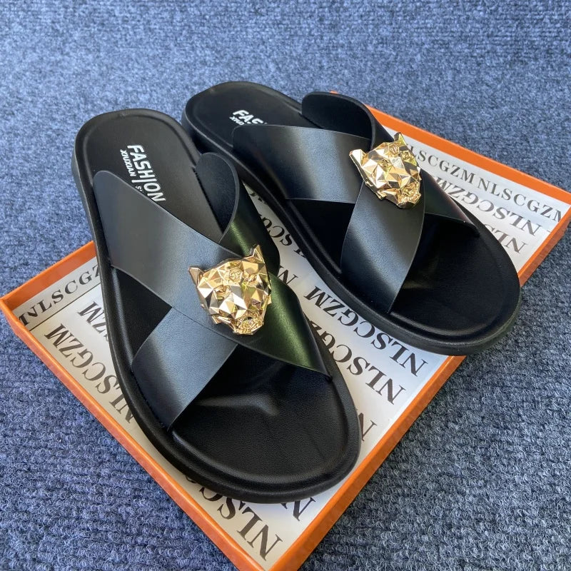 Leather slides for man black brown fashion shoes for mens slippers business beach slippers