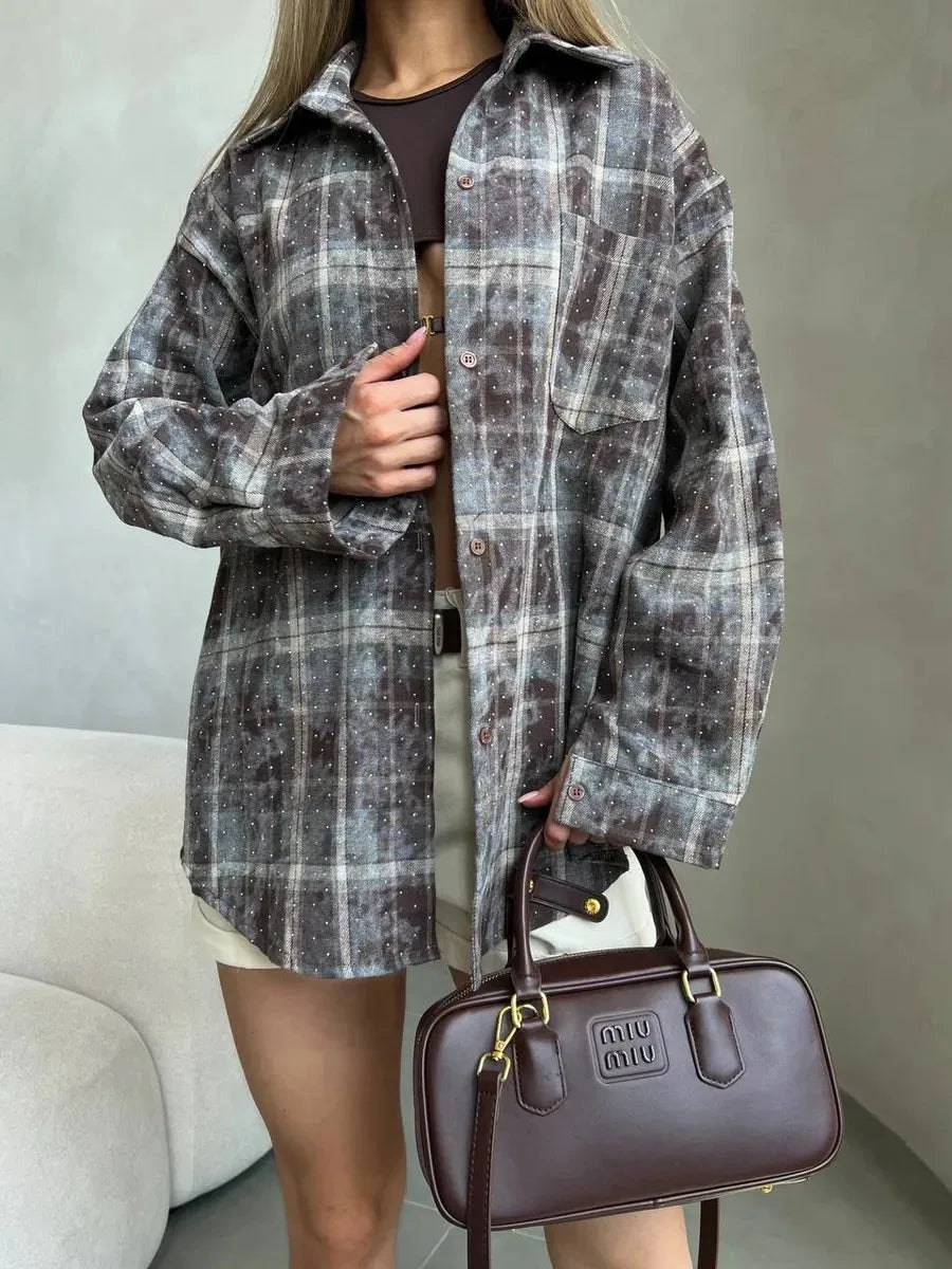Women's Spring Loose Blouse Rhinestone Lapel Casual Top Long Sleeve Plaid T-Shirt Korean Style Vintage Fashion Chic Middle Age