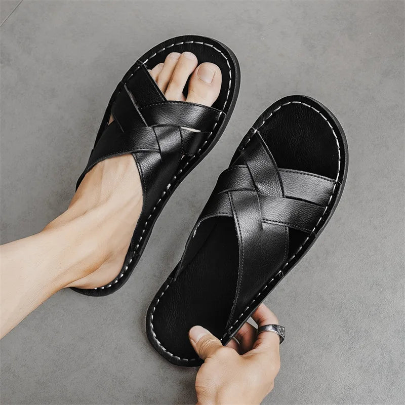 Handmade Leather Slippers for Men, Beach Summer Walking Shoes Slip on Light Male Flats Men Flip-flops Outdoor Half Drag