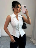 Blouse Women Vertical Stripes Collar V Neck Sleeveless Fitted Button Split Hem