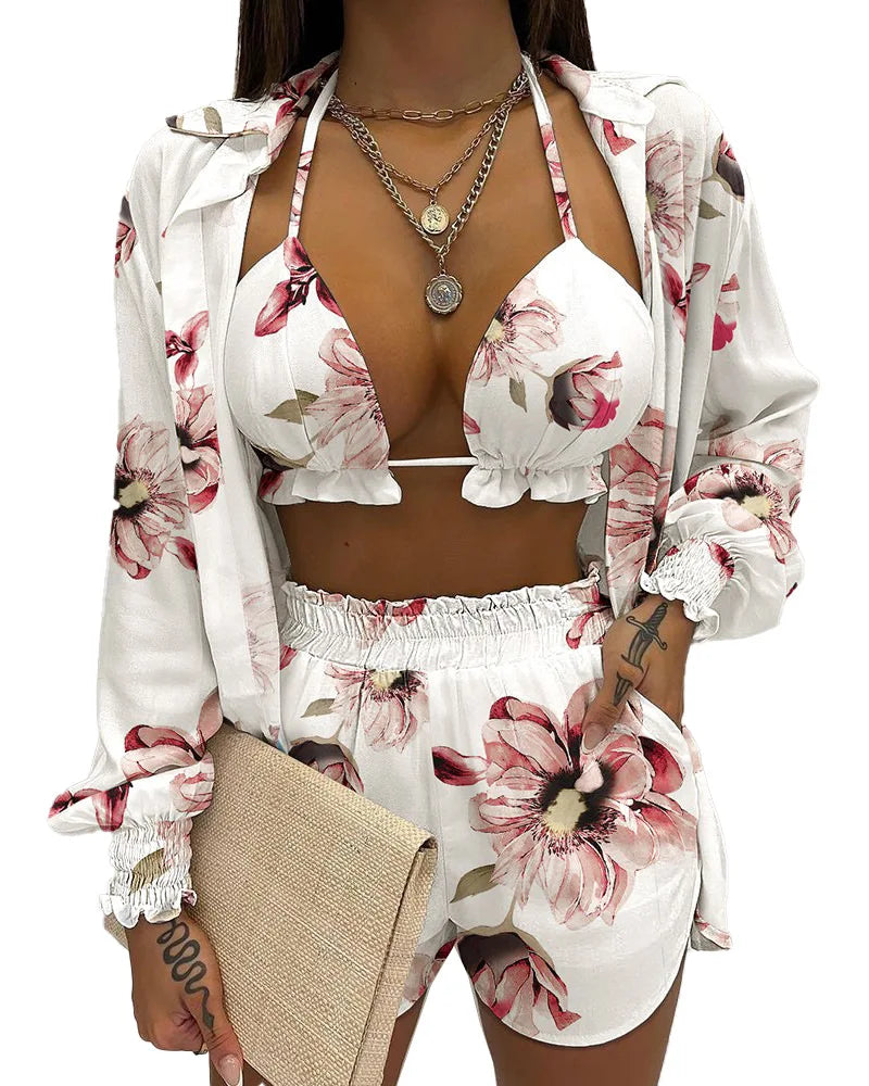 New Bathing Suit Shorts Cover Up Summer Three Pieces Swimwear Sexy Beachwear High Waist Bikini Set Print Women's Swimsuit