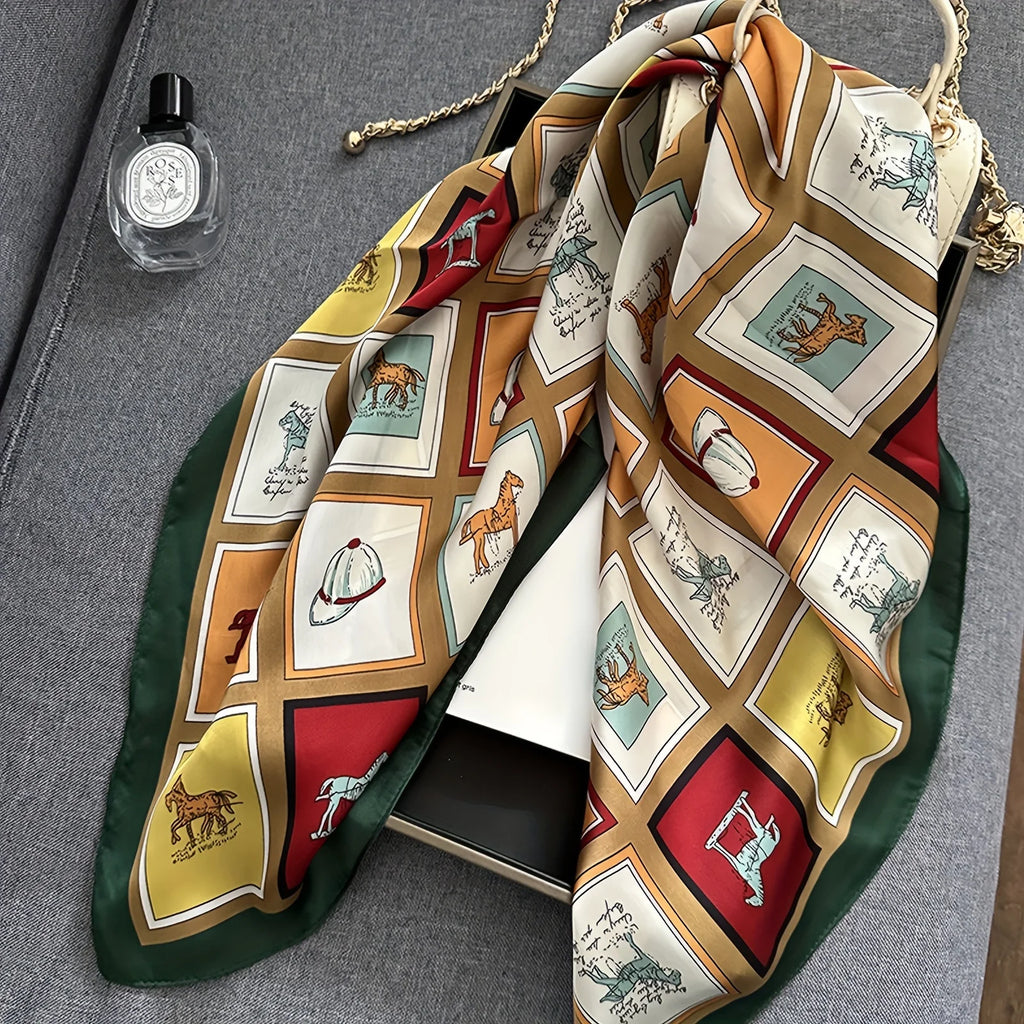 27.55" Grid Horse Print Square Scarf Simulated Silk Neck Scarf Stylish Sunscreen Headscarf For Women