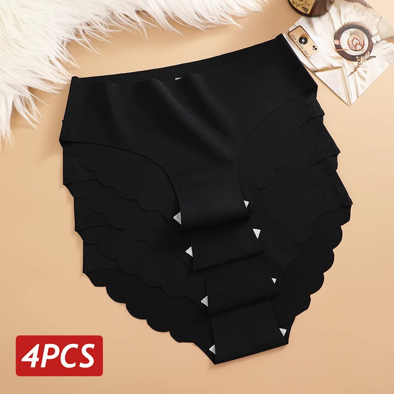 4PCS Ice Silk Seamless Panties Set Women's Briefs Solid Color Elastic Underwear Female Ultra Thin No Trace Wavy Side Panties