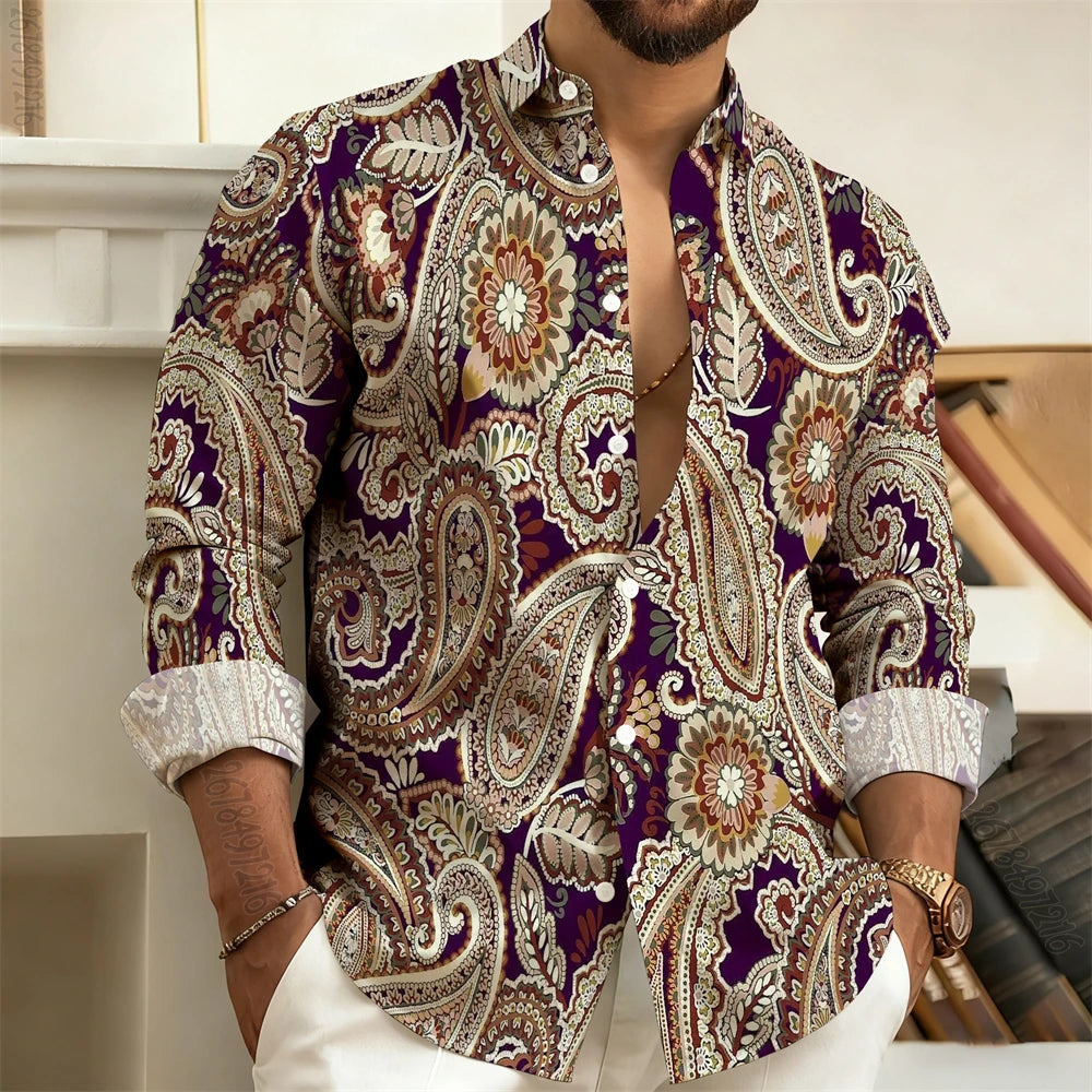 Men's Long-Sleeved Shirt with Paisley Cashew Pattern Print, Vintage, Comfortable, and Stylish Casual Men's Lapel Top