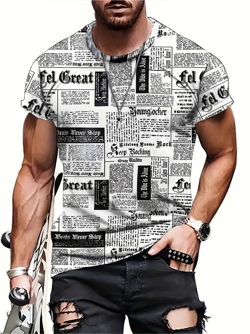 Men's Newspaper Graphic T-Shirt Clothes Casual Crew Neck Short Sleeve T shirts