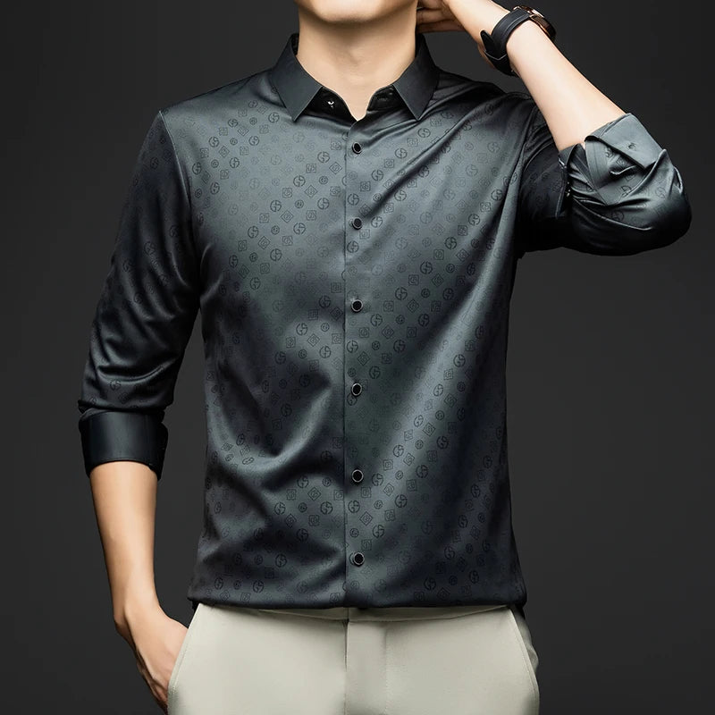 Luxury Men Shirt Long Sleeve Turn Down Collar Business Casual Button Down Dress Shirt
