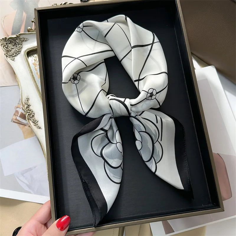 Luxury Imitation Silk Scarf Black And White Striped Head Wrap For Women Multifunction Silk Feeling Neckerchief