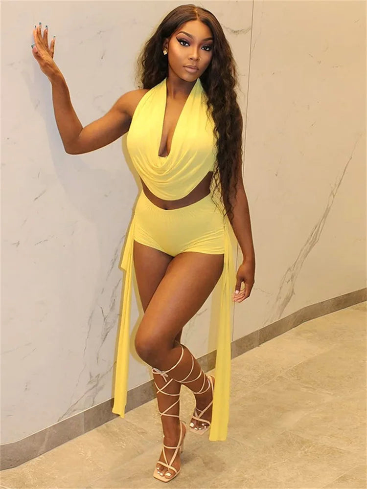 Solid Sexy Women 2 Piece Set Summer Matching Outfits Halter Swinging Neck Backless Tops+Ribbons Slim Shorts