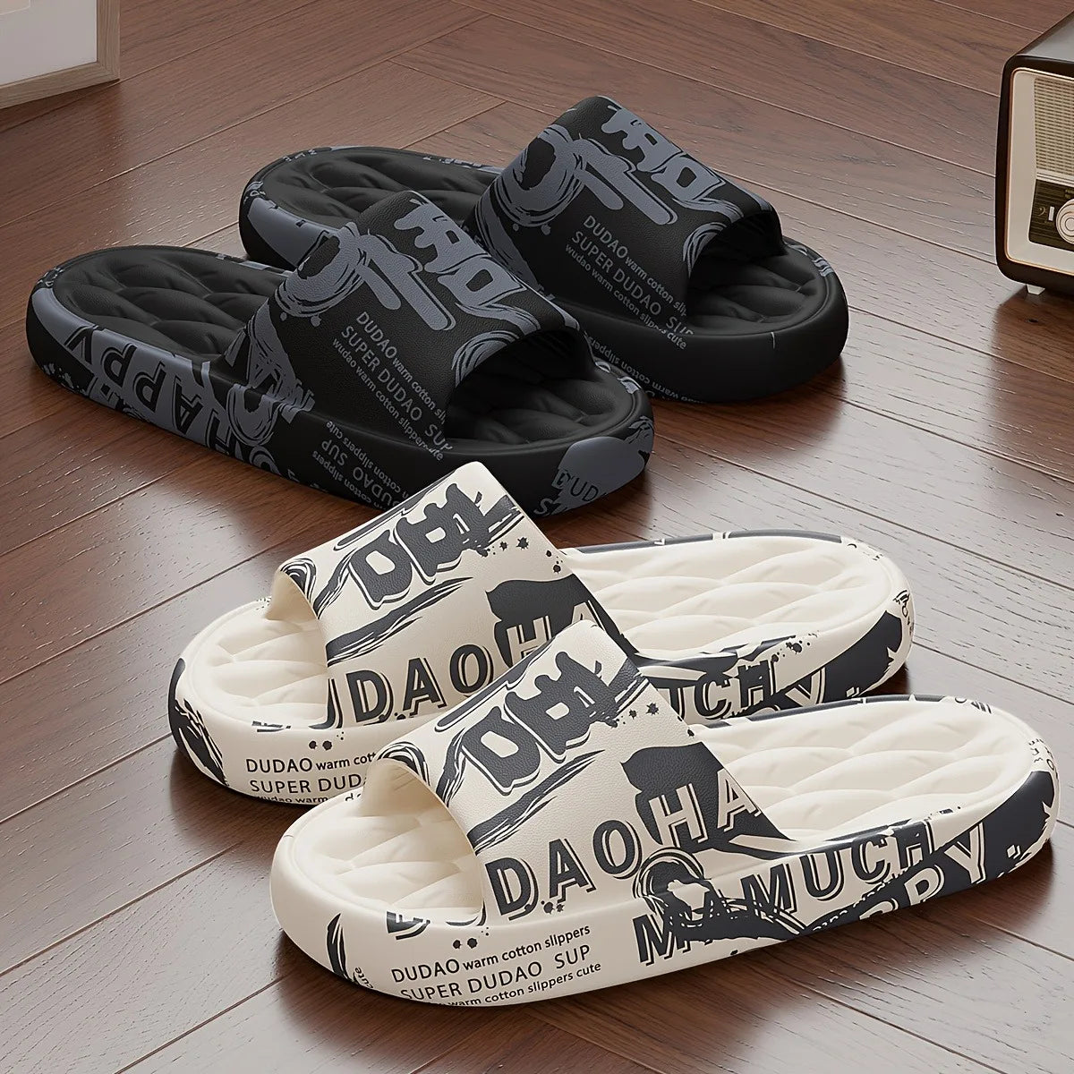 Trendy EVA Graffiti Slides for Men/Women Soft Comfortable Black White Design Playful Patterns Casual Home Outdoor Wear