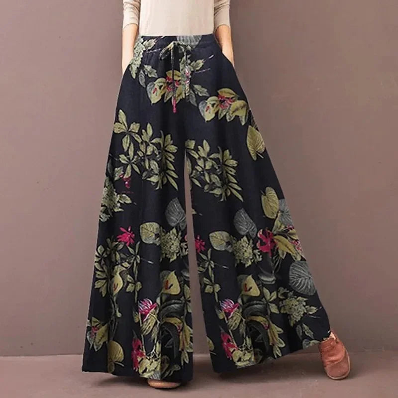 Floral Print Wide Leg Women Pants Spring Drawstring Bohemia Trousers Lady Casual Loose Elastic Waist
