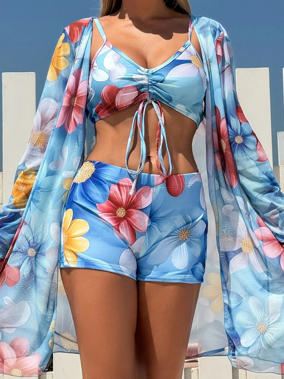 3 Pieces Tie Dye Bikinis Swimsuit Drawstring Front Female High Waist Shorts