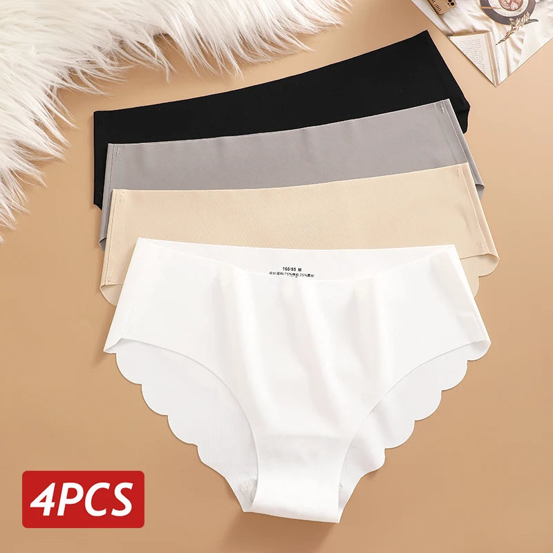 4PCS Ice Silk Seamless Panties Set Women's Briefs Solid Color Elastic Underwear Female Ultra Thin No Trace Wavy Side Panties