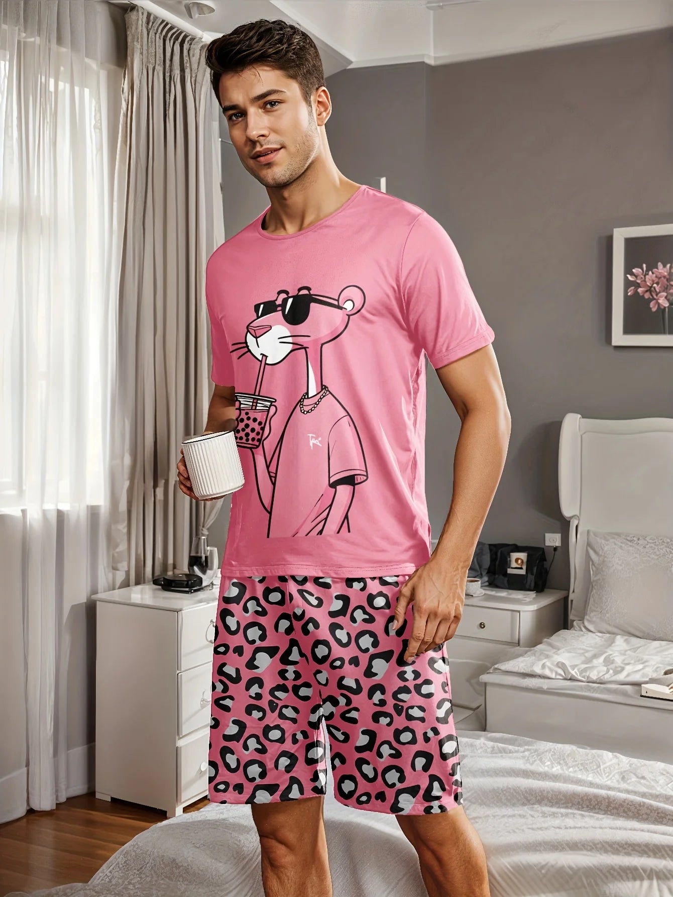 Men's Casual Pajama Set, leopard-print T-shirt and shorts, comfortable summer sleepwear
