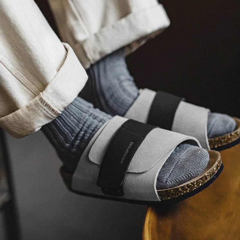 Maden New Casual Color-Block Mules Men's Summer Cork Sole Slide-On Sandals with Hook and Loop Closure Breathable Outdoor Shoes