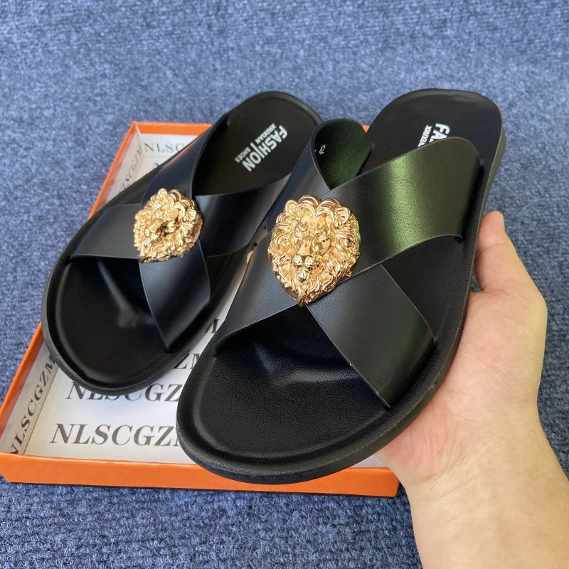 Leather slides for man black brown fashion shoes for mens slippers business beach slippers
