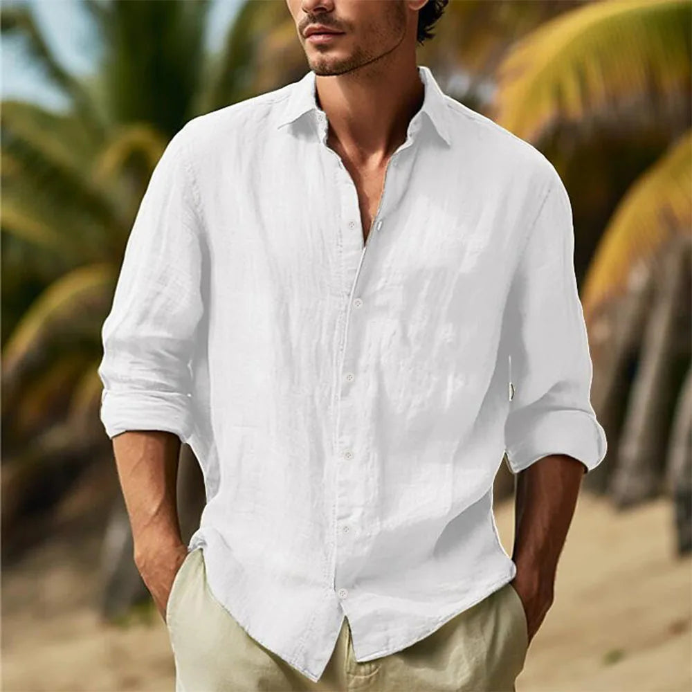 Men's Cotton Linen Shirts Turn Down Collar Solid Hawaiian Shirt Lightweight Breathable White Shirt Casual Large Size Streetwear