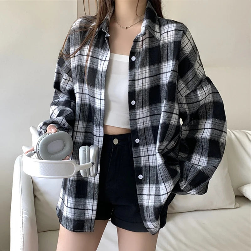 Flannel Shirts for Women Long Sleeve Collared Button-Up Tartan Plaid Shirt Jacket  Teen-girl Casual Everyday Outfit