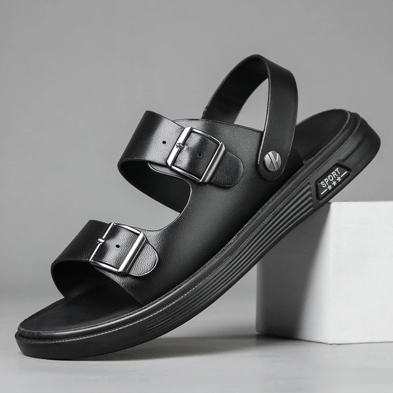 Mens First Layer Sheepskin Summer Sandals Genuine Leather Beach Shoes Casual Slip On Leather Slippers Comfortable Outdoor Male